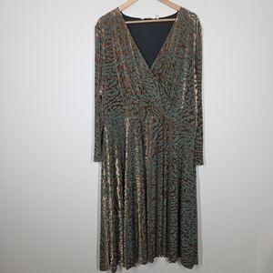 Soft Surroundings Shae Teal Brown Burnout Velvet Animal Print Midi Dress 3X Boho